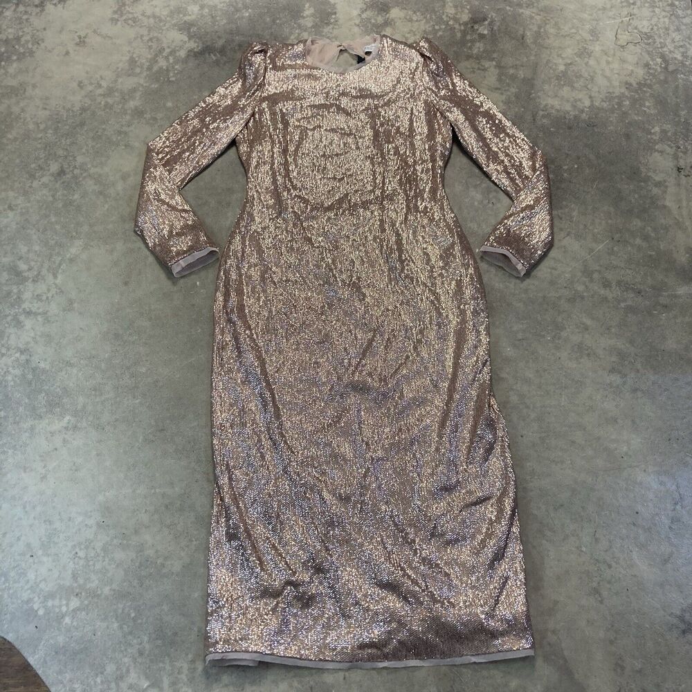 Rachel Zoe Dress Womens 10 Sequin Jeane Champagne Midi Cut Out Back Long Sleeve